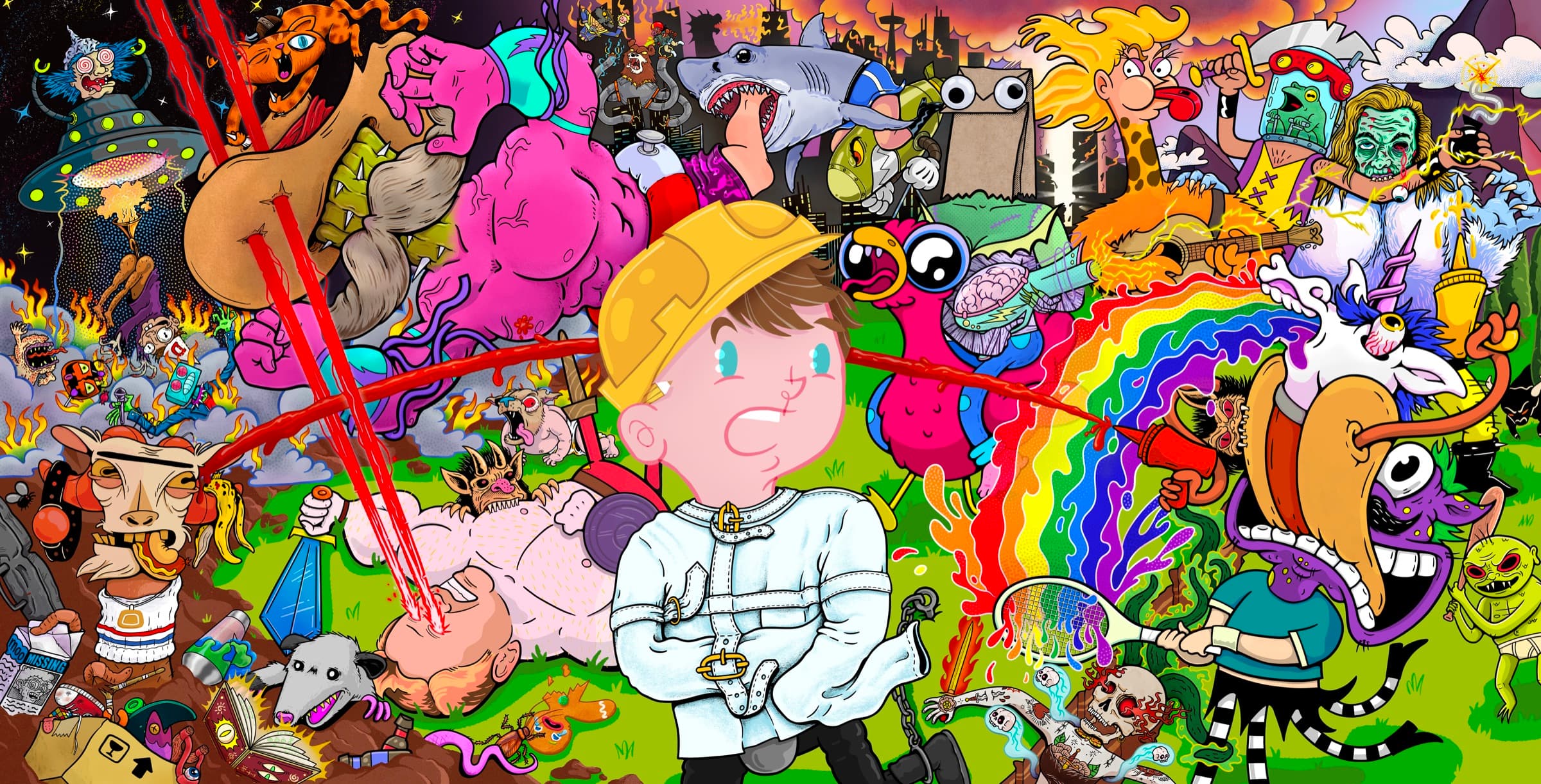 The Exquisite mural: dozens of characters from the game piled into one chaotic scene